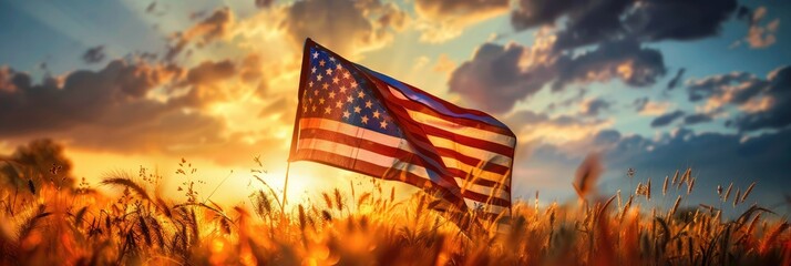 USA flag waving in golden wheat field - The American flag proudly flutters in the sunlit golden wheat field at sunset - obrazy, fototapety, plakaty
