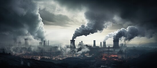 Smoke billows from a factory chimney in a dark city setting, creating a dramatic scene