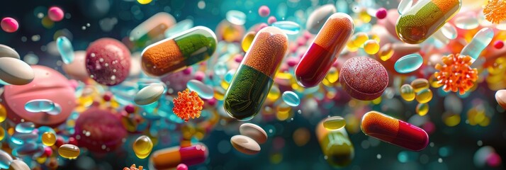 Explosion of colorful pills and capsules - An eye-catching composition of flying pills and capsules in a variety of colors symbolizing medical innovation - obrazy, fototapety, plakaty
