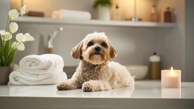 Relaxing spa day for contented, well-groomed pet dog