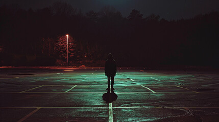 anonymous saint standing far away on a parking lot facing away from the camera, in the style of Dawid Planeta

