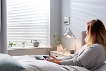 Woman relaxing in bedroom with smart blind control panel