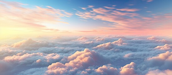 A serene view of the sky with fluffy clouds and a beautiful sunset in the background