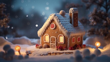 A Christmas Scene showing a quaint and small gingerbread house, illuminated by soft moonlight and placed against a backdrop of frosty hills, evoking the coziness of Christmas eve. - obrazy, fototapety, plakaty