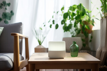 Wi-Fi range extender on wooden table indoor with plants