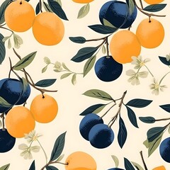 pattern, illustration of apricots oranges, yellow fruits, on a dark blue black background, watercolor