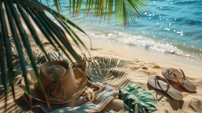 Beach Vacation, Summer on Tropical sand and accessories hat, bag, towel and fip flops on white sand with coconut leaves in side