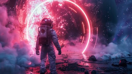 astronaut in a suit going through a neon portal