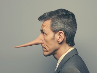 Side view of a businessman with an exaggeratedly long nose, symbolizing lies or deceit.