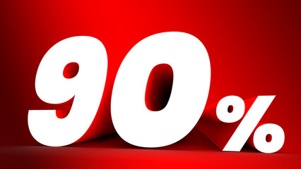 90 percent sign. White letter on red background. 3d. Copy space. - obrazy, fototapety, plakaty