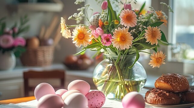 Easter morning, painted eggs on a light table, baked goods, flowers in a vase, bright room. Generative AI.
