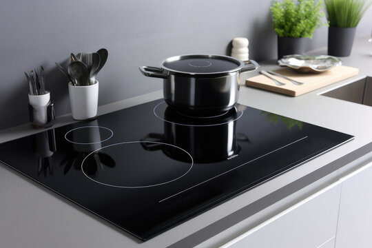 Modern black induction cooktop with stylish cookware