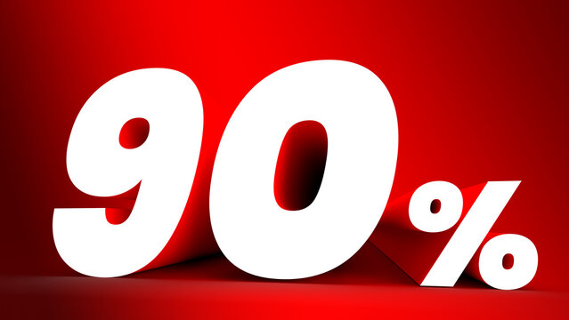 90 percent sign. White letter on red background. 3d. Copy space.