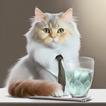 white cat with bow tie on a table with a glass. paint style, glamorous, full body