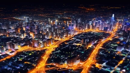Aerial views of high-speed internet connection visualized as glowing cable web sending digital data over spectacular dark cityscape with skyscrapers.