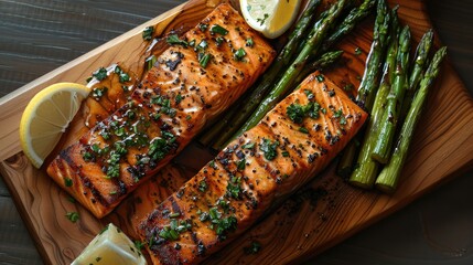 Grilled salmon and steamed asparagus with garlic lemon butter sauce on wooden plate. Generative AI. - obrazy, fototapety, plakaty