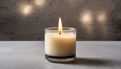 Obraz na płótnie Canvas Burning soy candle in glass jar on gray table. Scented wax candle for home interior. Natural handmade production.
