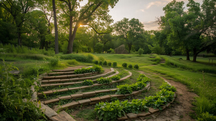 Twilight in a tranquil park with wooden steps. Serene landscape with curved pathway and lush greenery. Evening ambiance and outdoor leisure concept. Design for brochure, eco-tourism poster, natural ba