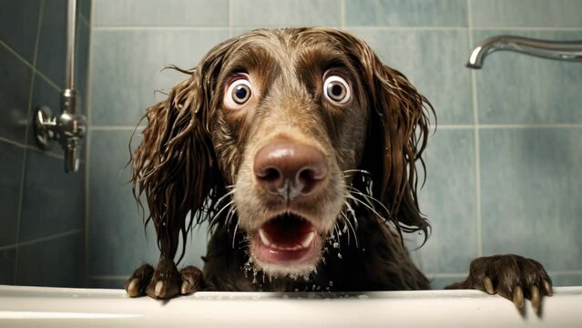 Shocked dog bathing in the bathroom.