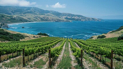 Fototapeta na wymiar Seaside Vineyard: A Serene Landscape of Grapevines and Ocean Waves
