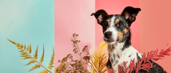 A beautiful sea dream design. A contemporary art collage with a cute dog and trendy colored background with geometric styled elements. The design emphasizes inspiration, pets, animals, style, and - obrazy, fototapety, plakaty