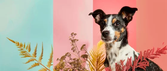 Fotobehang A beautiful sea dream design. A contemporary art collage with a cute dog and trendy colored background with geometric styled elements. The design emphasizes inspiration, pets, animals, style, and © Mark