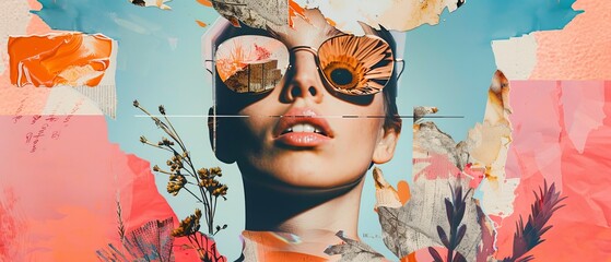 An artistic collage from the contemporary art scene. A stylish young girl skates with a retro camera head. Reaching goals. Vintage style. Nod to surrealism, creativity, and inspiration. Artwork set