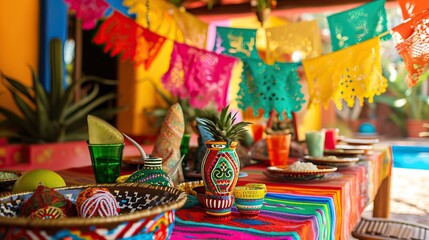 Cinco de Mayo celebration with festive decorations, colors, and cultural elements


