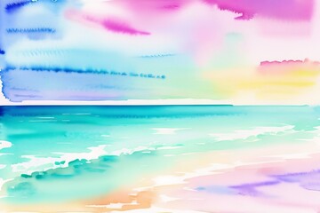 painted background in watercolor with blue ocean and pink sky