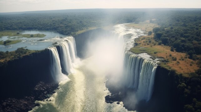 Aerial view The Victoria falls on the boarder of Zambia and Zimbabwe.