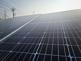 solar panel with sunlight and blue sky background. concept clean energy power in nature