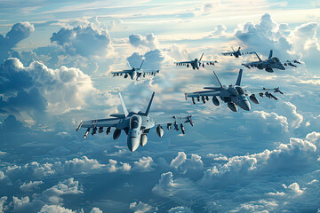 fighter jets in formation flying through the sky - obrazy, fototapety, plakaty