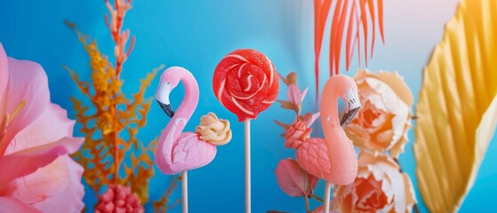 Decorative candy made with flamingos and a wooden stick on a blue background. Your text can be placed in the negative space. Modern and contemporary design. Colorful collage.