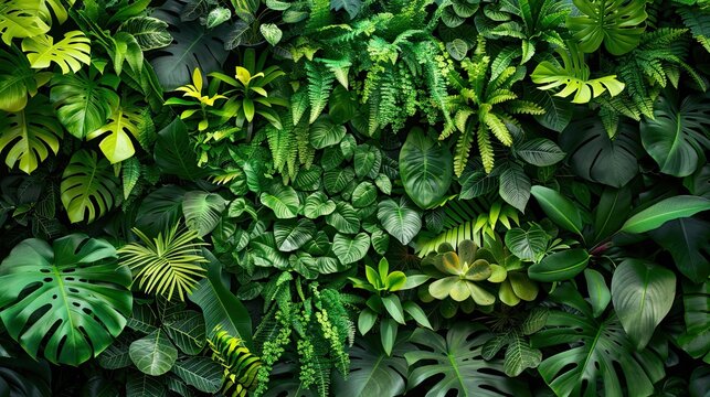 Green Oasis: A Lush Wall of Tropical Plants and Flowers for Stunning Backgrounds