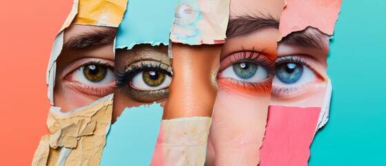 Male and female eyes in a collage with a neon background. The concept of equality and unification of all nations, ages, and interests. Diversity and human rights.