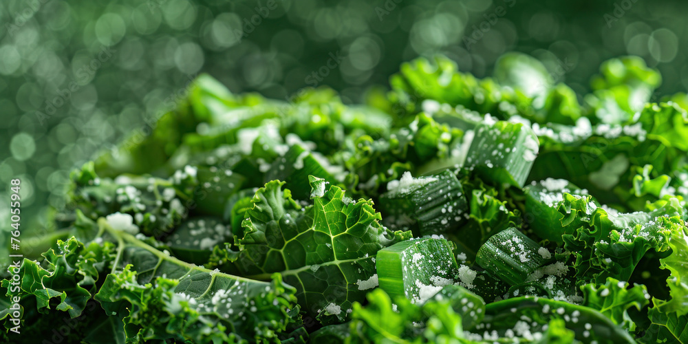 Wall mural Fresh green kale leaves with sprinkled salt, close up view, healthy organic vegetable ingredient - Wall murals