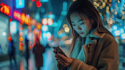 Connected on the Go: A Modern Woman Utilizing her Cellphone for Communication and Convenience - obrazy, fototapety, plakaty