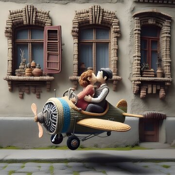 ai generated illustration Crochet figures of a man and a woman kissing on a tiny flying vehicle with old building background