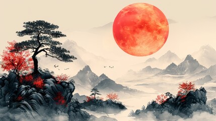Symbolic Asian icon and symbol design with abstract landscape background and Japanese geometric pattern modern banner.