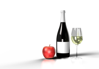 Wine bottle scene with apples and wine glass mockup template 3d render.png files