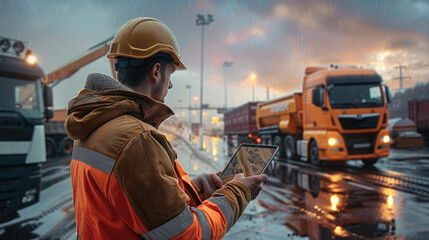 Construction worker checking data on tablet with a truck driving at the background. Generative AI.