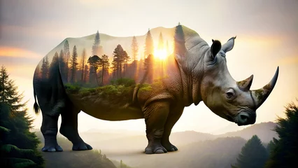 Fotobehang rhinoceros silhouette with a forest landscape © MeMosz