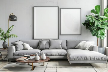 Elegnat living room interior design with mock up poster frame, grey corner sofa, coffee table.