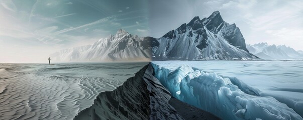Surrealistic juxtaposition of a desolate icy landscape with a lone figure and sharp mountain peaks - obrazy, fototapety, plakaty