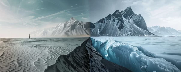 Photo sur Plexiglas Gris foncé Surrealistic juxtaposition of a desolate icy landscape with a lone figure and sharp mountain peaks