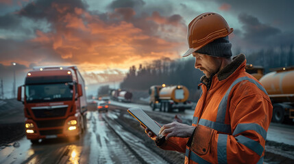 Construction worker checking data on tablet with a truck driving at the background. Generative AI. - obrazy, fototapety, plakaty