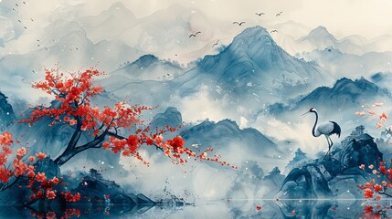 An abstract art landscape hand-drawn by hand with Fuji mountains, cranes, chinese clouds, and wave patterns.