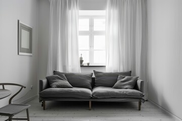 Grey sofa at white apartment, living room in simple style.