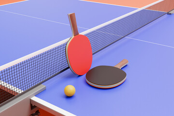 Rackets for table tennis, ping pong and a ball lie on the table. 3d rendering