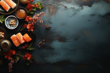 Japanese cuisine background on dark matte surface, realistic style, bright colors, space for text - obrazy, fototapety, plakaty